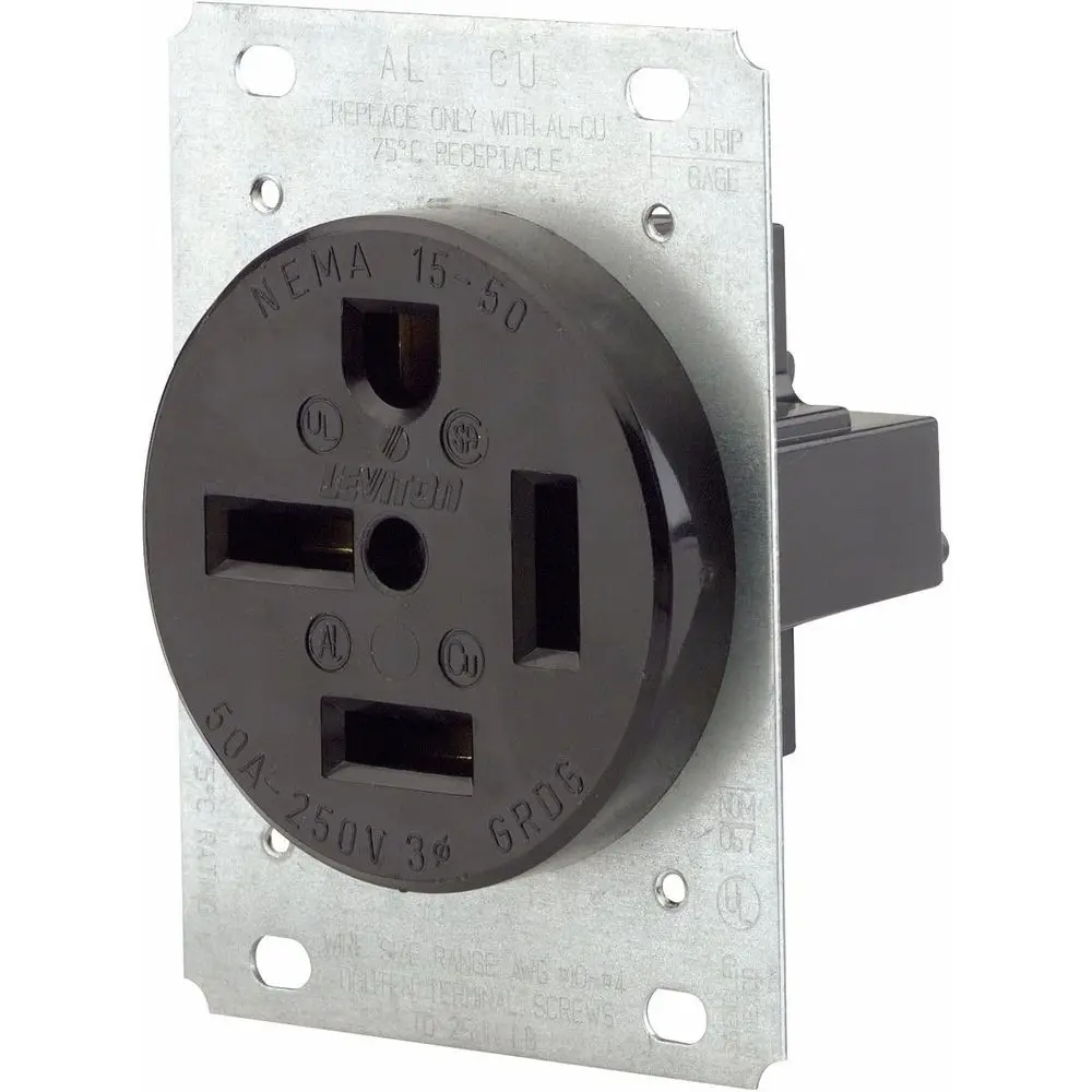 

50 Amp, 250 , lush Mounting Retacle, Straight Blade, Industrial Grade, Grounding, 8450, Black