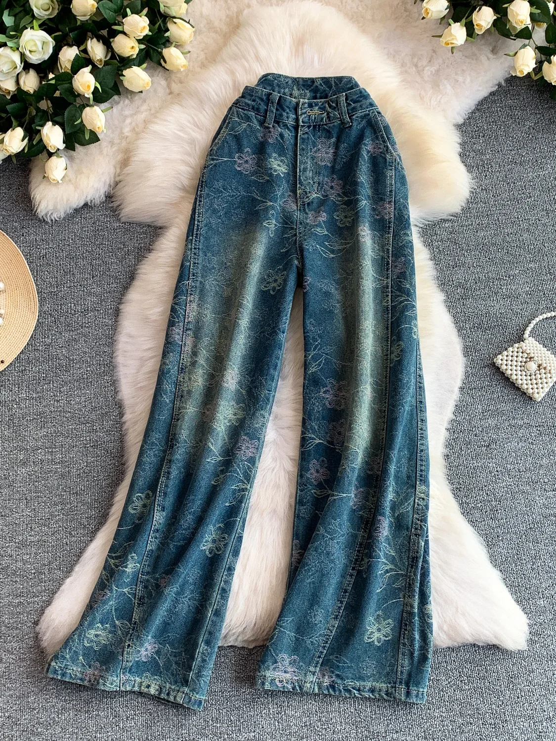 

High Waist Elastic Denim Jeans Women's New 2026 Vintage Casual Embroidered Print Slimming Straight Leg Wide Leg Pants