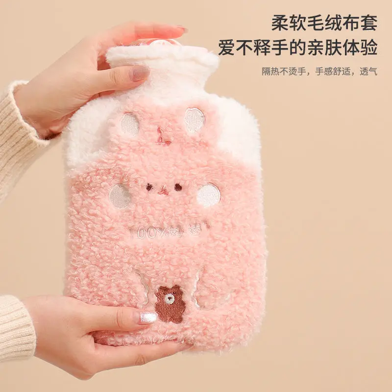 1000ML Reusable Winter Hand Warmer Heat PVC Stress Pain Relief Therapy Hot Water Bottle Bag With Knitted Soft Rabbit Cozy Cover