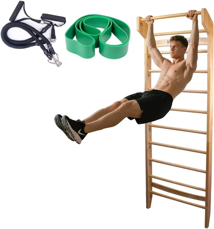 سلم خشبي سويدي مع 11 قضبان استراتيجية، مع حامل يصل إلى 330 رطلاً، قضيب كشك، يشمل أشرطة التمرين + شريط مقاومة للسحب + Pu #1