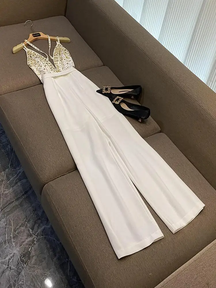 

Faionable Handmade Sequin Jumpsuit Straight Leg High Waist Long Pants Sexy V-Ne Strap Winter New Arrival Star Sle