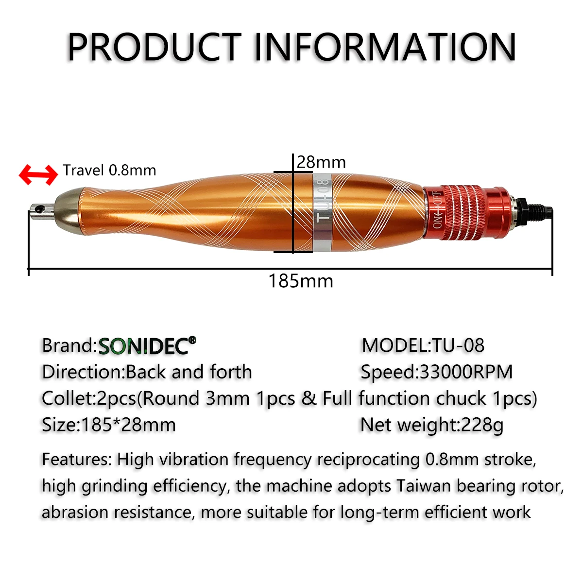 SONIDEC Pneumatic Ultrasonic Polishing Grinding Machine 0.8mm Travel 33000RPM High Quality Mold Metal Polisher