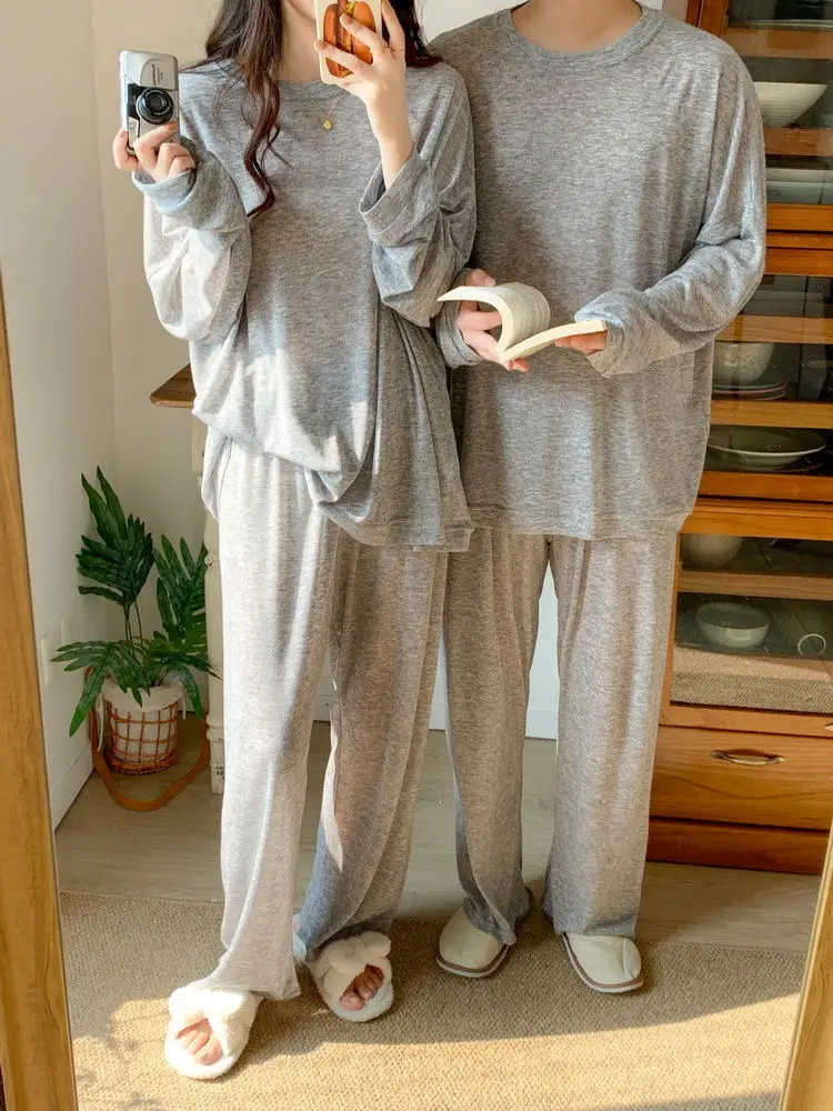 Autumn 2pieces Pyjamas Set Couple Top 2024 Round Neck Girls Pajamas Casual Solid Top and Pant Sleepwear Long Sleeve Home Suit