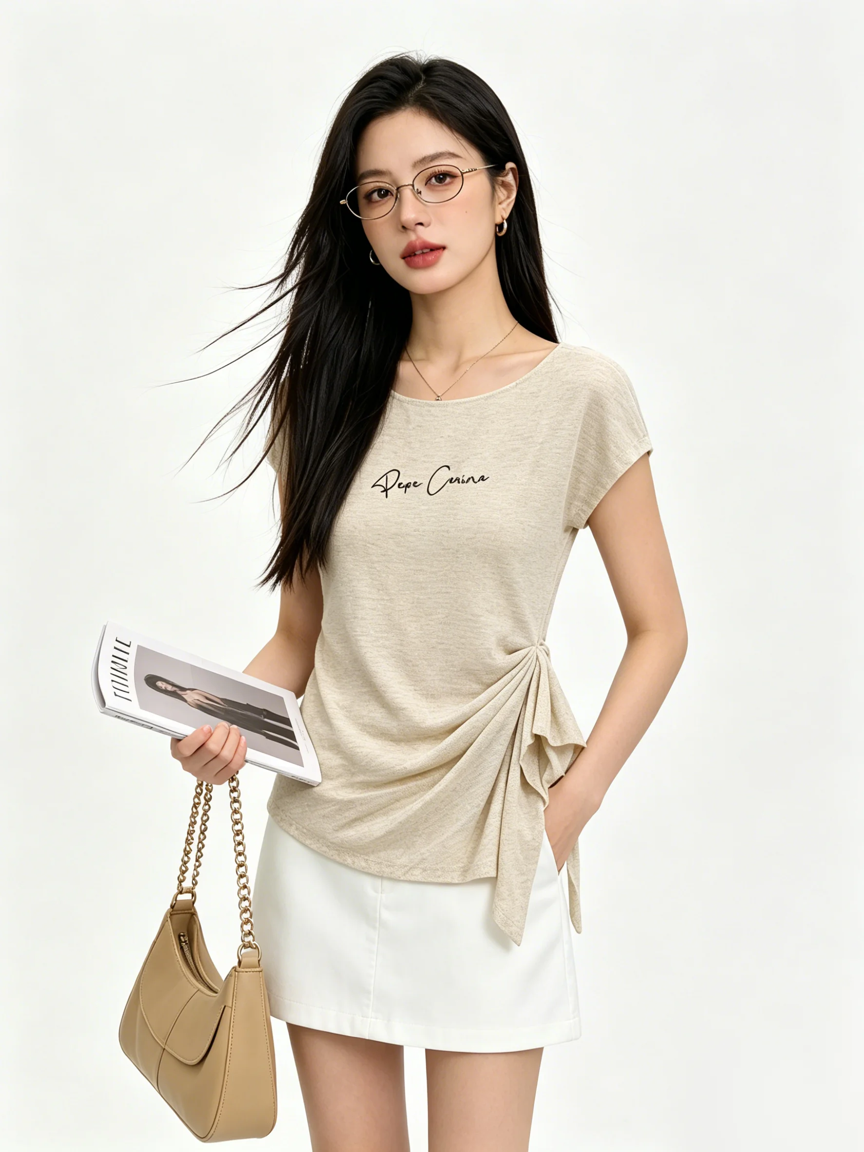 

Skin-friendly Anti-aging Korean Design Knot Short Sleeve T-shirt Women Summer Irregular Pleat Letter Top Versatile round Neck