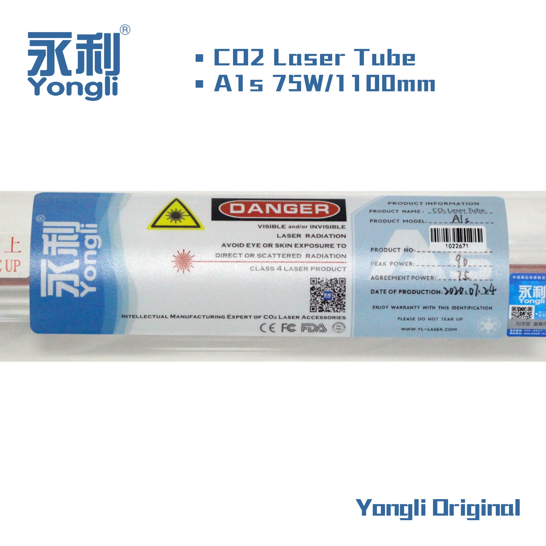 Yongli 75w Max 90w 1100mm Dia. 80mm Glass Laser Tube With II-VI Lens