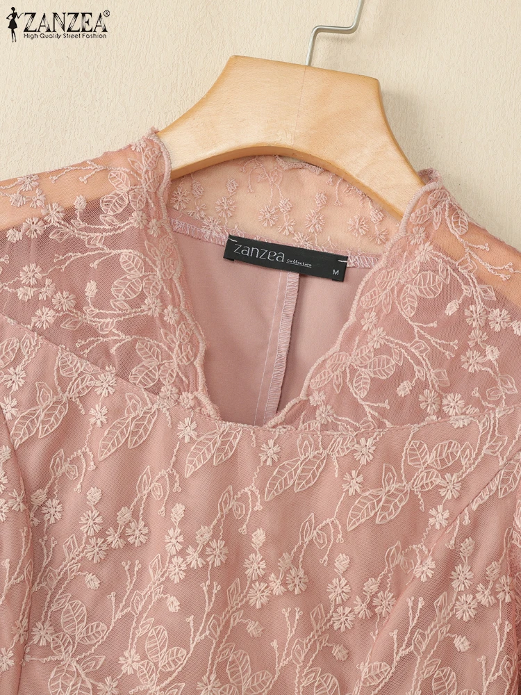 

ZANZEA женские элегантные тюлевые блузки с вышивкой, модные прозрачные Blusas Mujer с v-образным вырезом и половиной рукавов, лето 2021, одежда для поездок на работу, топы