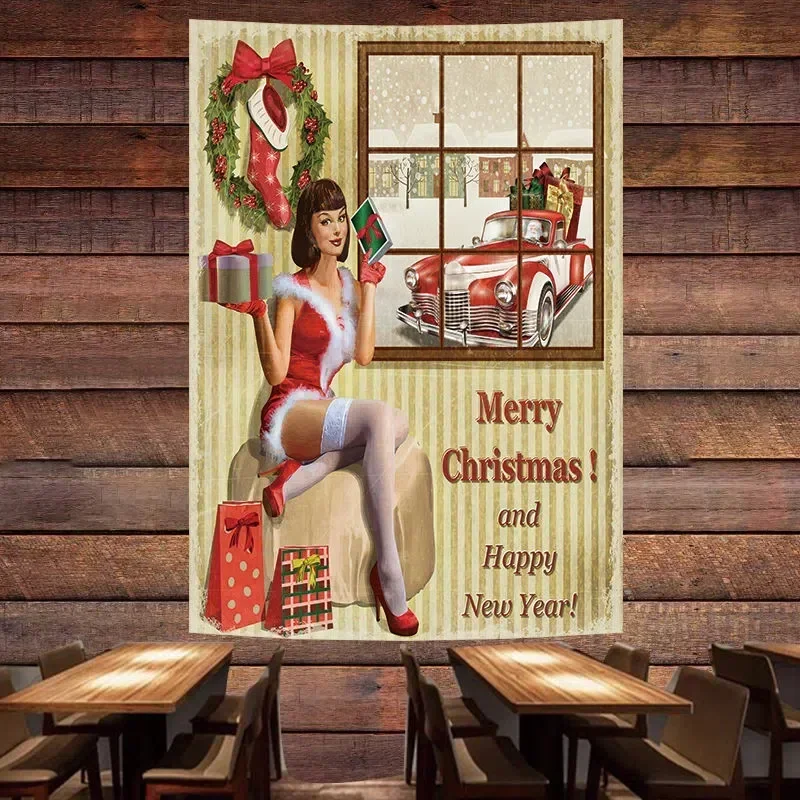 Mery Christmas! Happy New Year! Vintage Car Repair Service Poster Tapestry Pin Up Girl Wall Painting GARAGE Wall Decor Banner