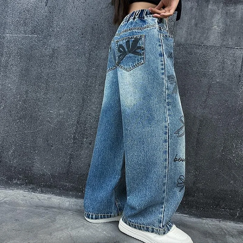 Girls Hand Drawn Graffiti Design Jeans New Teenage Children Wide Leg Denim Pants for Kids Loose Trousers Spring Autumn 4-15 Yrs