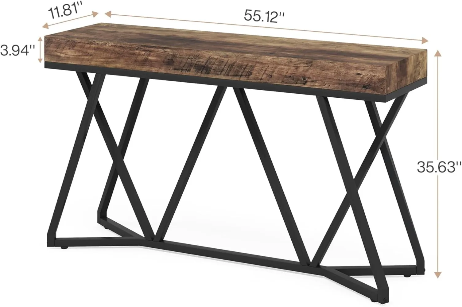 55 Inch Console Table, Farmhouse Sofa Table Wood Entryway Table with Unique Metal Base