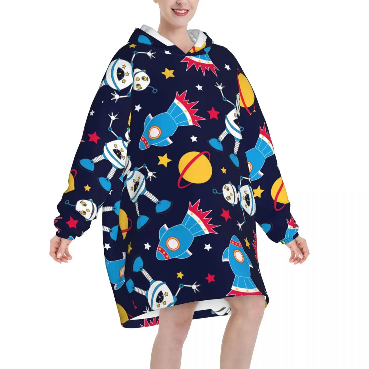 Wearable Blanket Hoodie Rocket And Robots Oversized Sweatshirts Blanket Warm Cozy Flannel Fleece Sherpa Blanket with Pockets