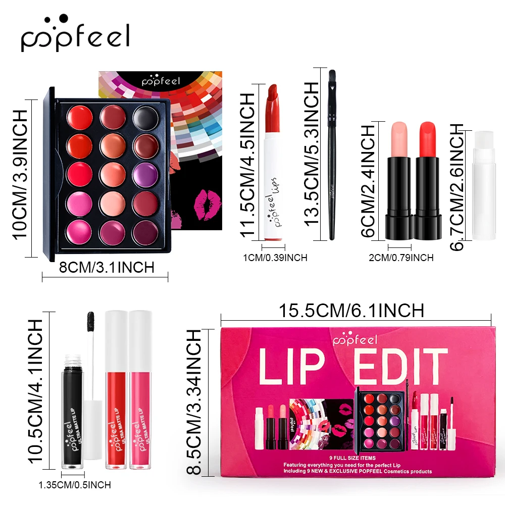 POPFEEL ชุดแต่งหน้าลิปแคร์ 9 ชิ้น–ประกอบด้วยลิปสติก, ลิปกลอส, แปรงทาปาก, ลิปบาล์ม–ติดทนนาน, ให้ความชุ่มชื้นแก่ริมฝีปาก