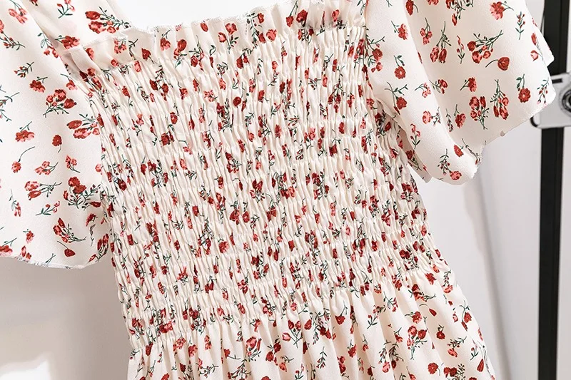 Vestido de gasa de primavera verano para mujer, vestido midi de manga corta, cintura elástica, estampado floral, plisado, espalda descubierta, casual 6