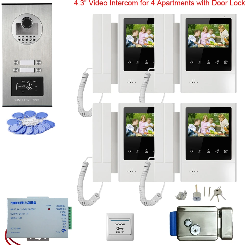 

Intercom in Private House 4.3" Color Screens Monitors with Camera Call 4 Buttons Video Door Phone Doorbell 4 Apartments Kit