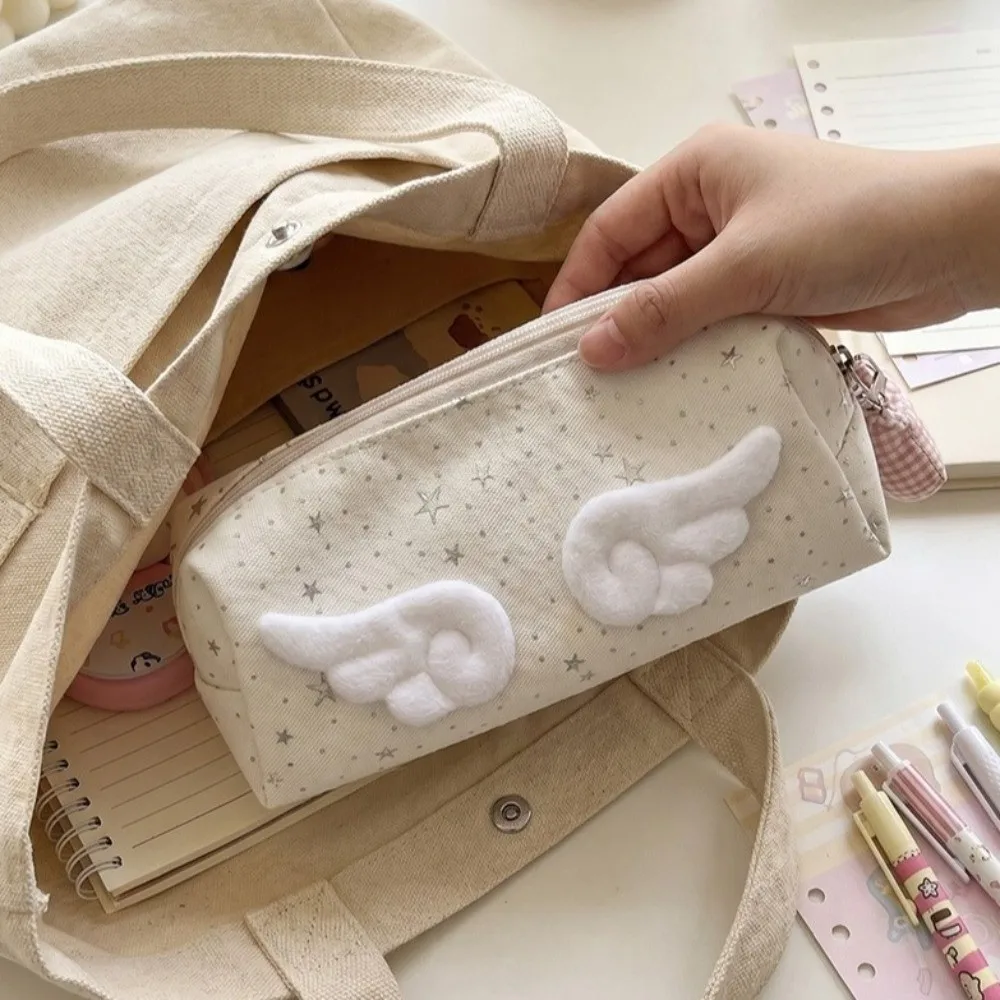 Portable Star Print Pencil Case With Wings Decor Large Capacity Pencil Pouch Stationery Pouch Students