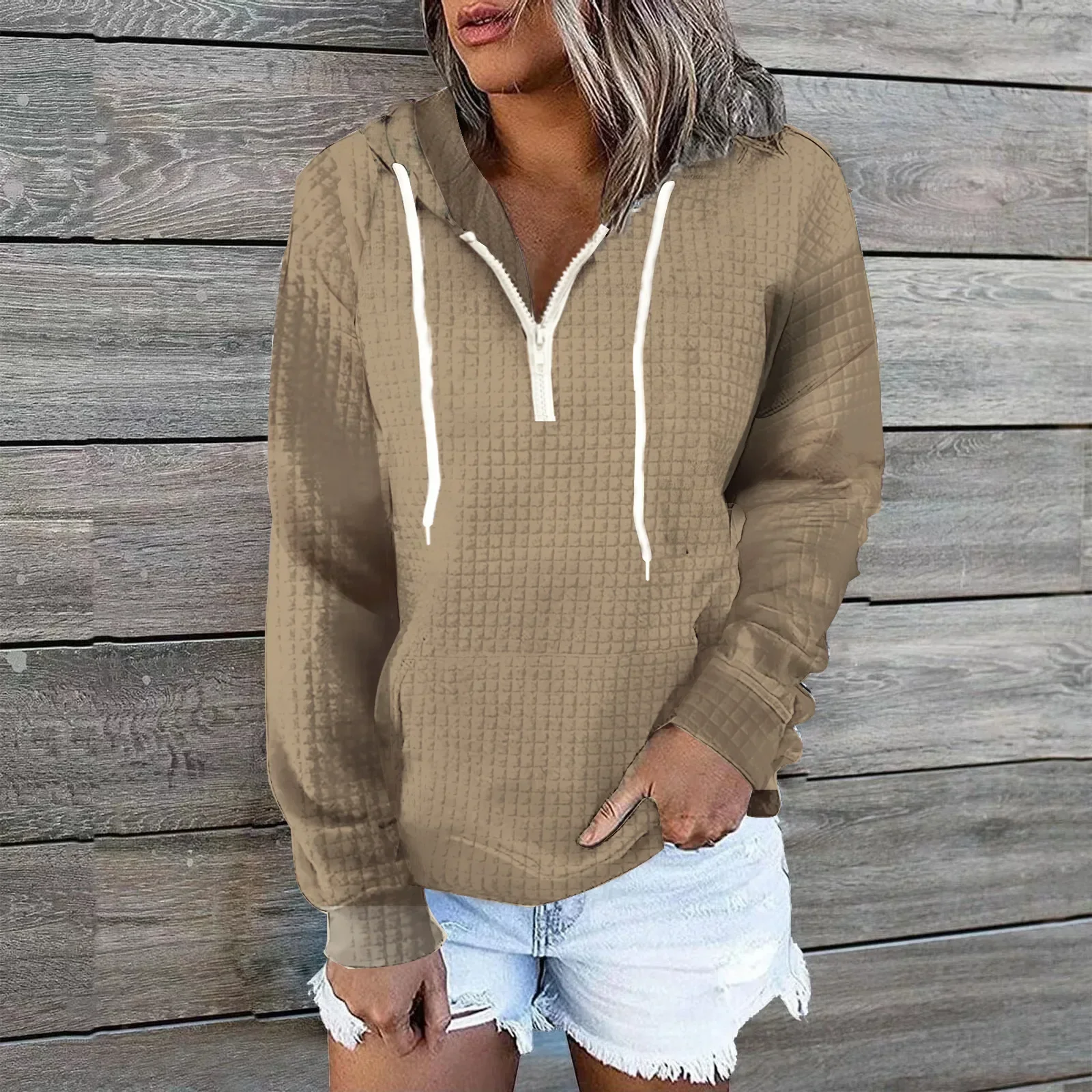 New Leisure Home Clothes Womens Zipper Hooded Pocket Solid Color Waffle Long Sleeve Sweater for Women