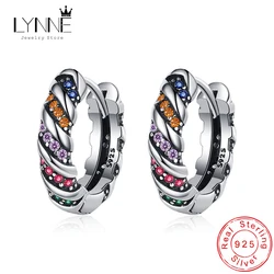 New Women&Men Unisexual Round Stripe Colorful Rhinestone Hoop Earrings 925 Sterling Silver Fashion Jewelry Punk Hook Ear Circle