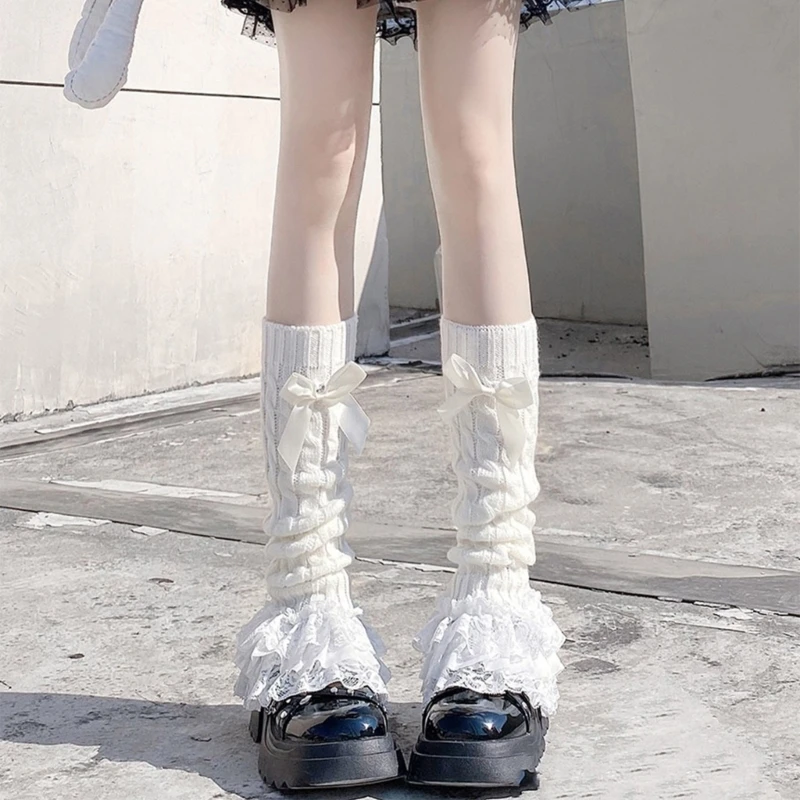 Women Cable Knit Leg Warmers Japanese Tiered Ruffled Lace Bowknot Foot Covers