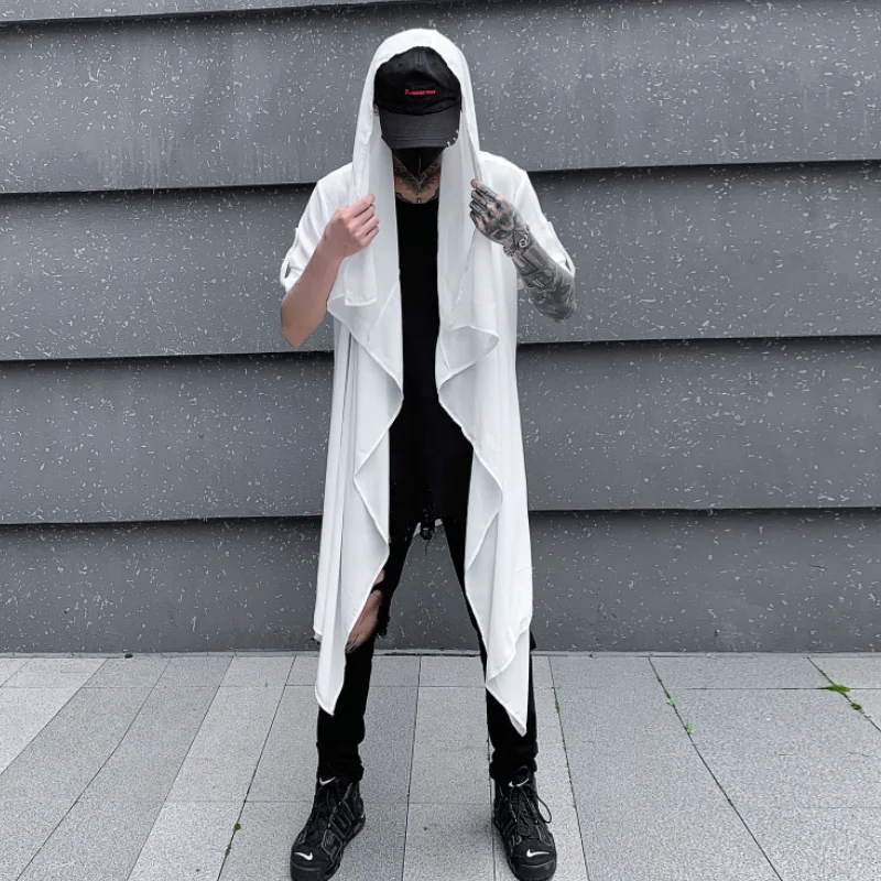 Dark Summer Thin Ice Silk Draping Shawl Mid-Length Long Sleeve Shirt and Sun-Proof Clothing Trendy Men's Cloak