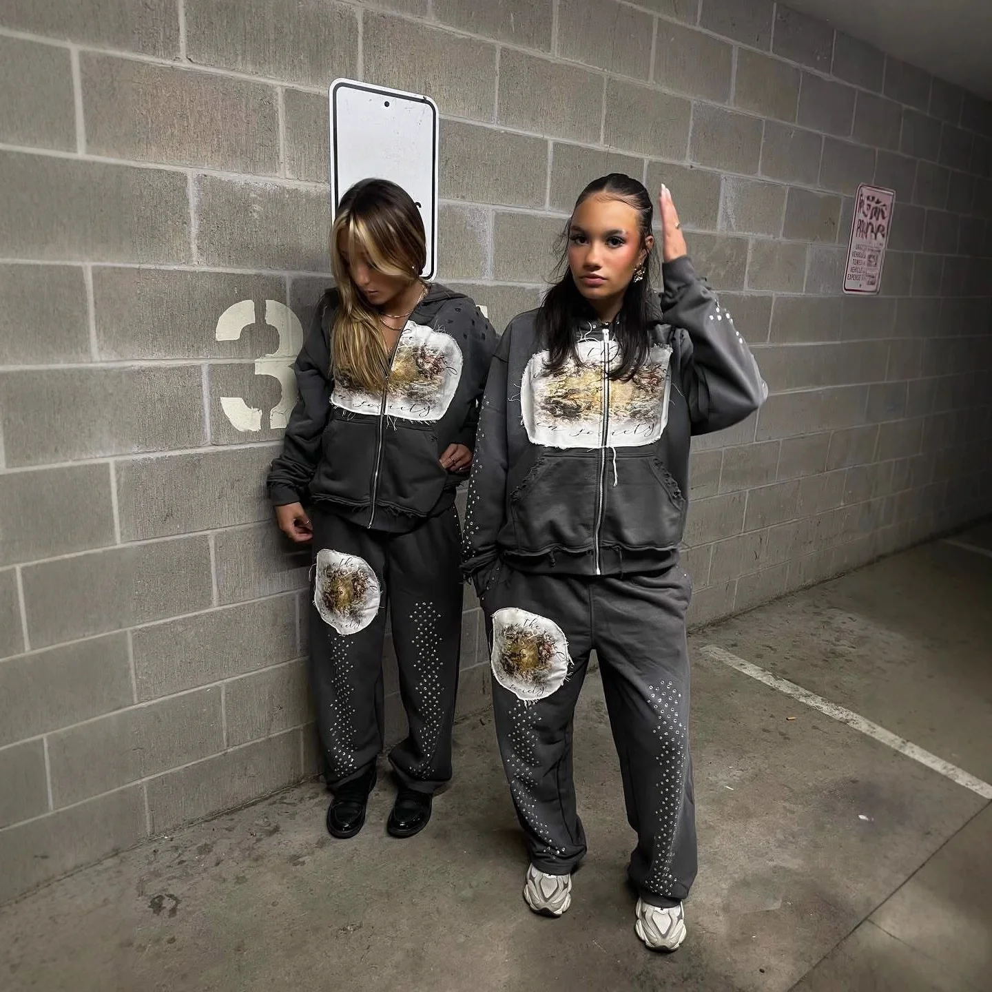 アメリカンスタイル 秋冬 ストリートファッション パーカー パッチワーク ローウエスト ドローストリング カジュアルパンツ セットアップ レディース