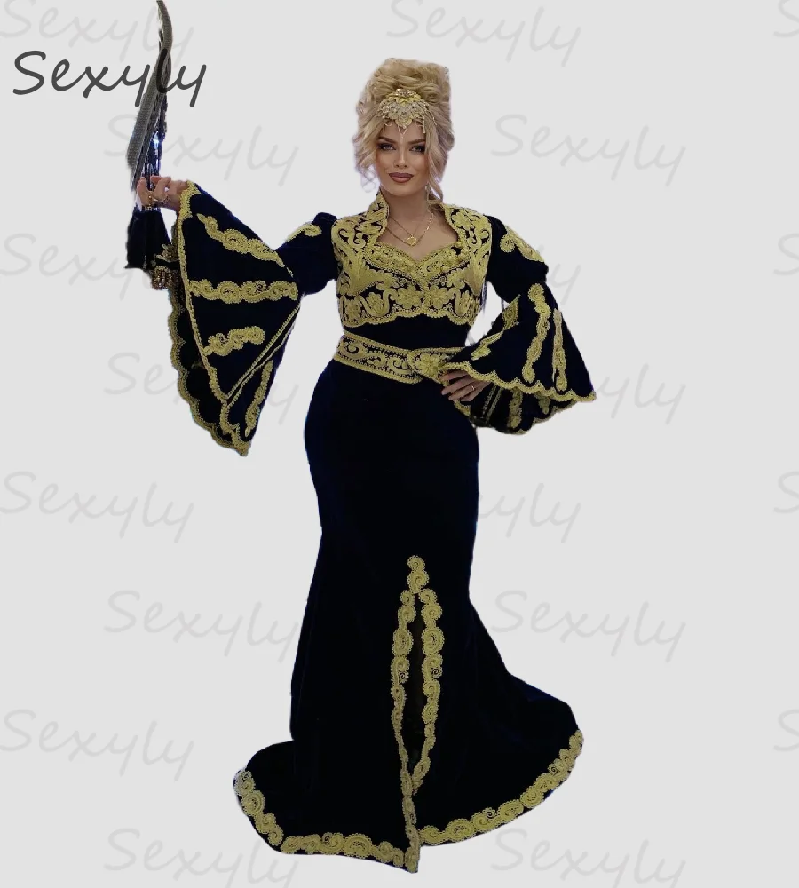 Vestido de noche Karakou argelino Vintage negro con encaje dorado sirena manga acampanada vestido de fiesta caftán marroquí personalizado