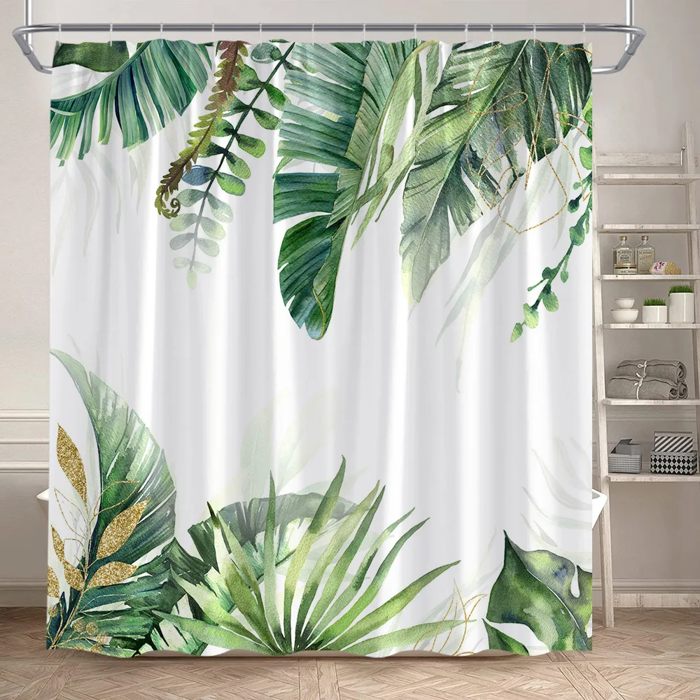 Tropical Leaves Shower Curtain Green Palm Leaf Monstera Plant Bath Curtains Set Polyester Fabric Home Bathroom Decor with Hooks