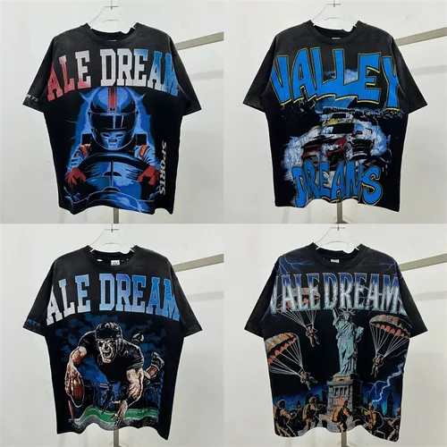 Camisetas negras Vintage americanas VALLEY 1:1, camiseta de gran tamaño Vale de algodón puro con agujeros de la mejor calidad, envío por un día