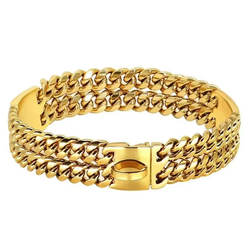 Collar dorado para perros con cadena de doble hilera de gran resistencia, 24 mm de ancho, de acero inoxidable y con diseño de eslabones cubanos, ideal para perros de gran tamaño.