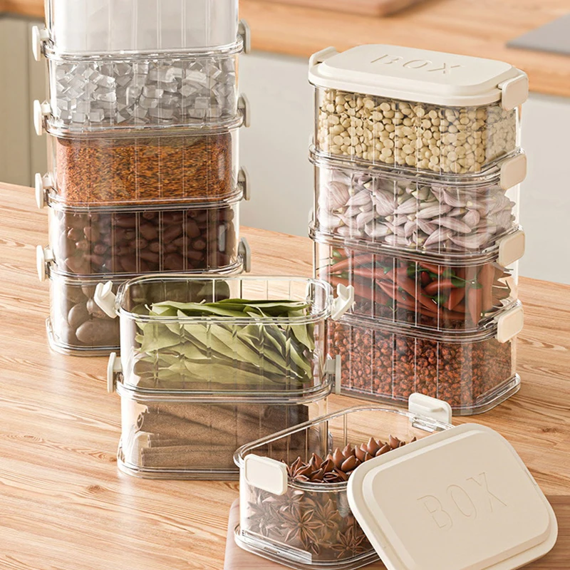 صناديق تخزين التوابل القابلة للتكديس، جرة توابل بلاستيكية، حاوية طعام متعددة الطبقات، حبوب القهوة، منظمات مختومة