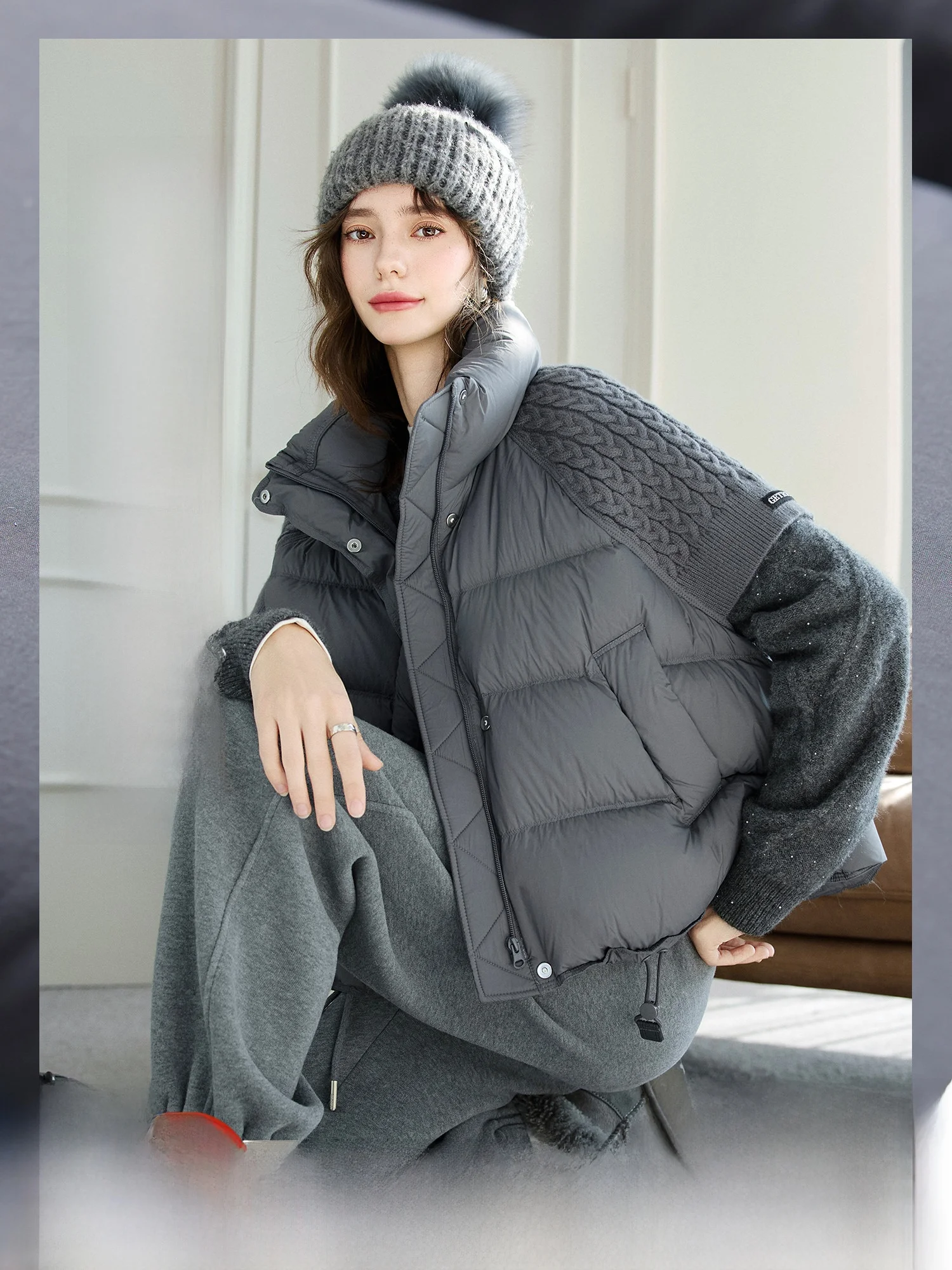 

Large Fluffy Du down Jaet Women's Layered Knitted Patchwork Warm Vest Pumpkin Valley Snow Memo Polar Fce Zipper Closure