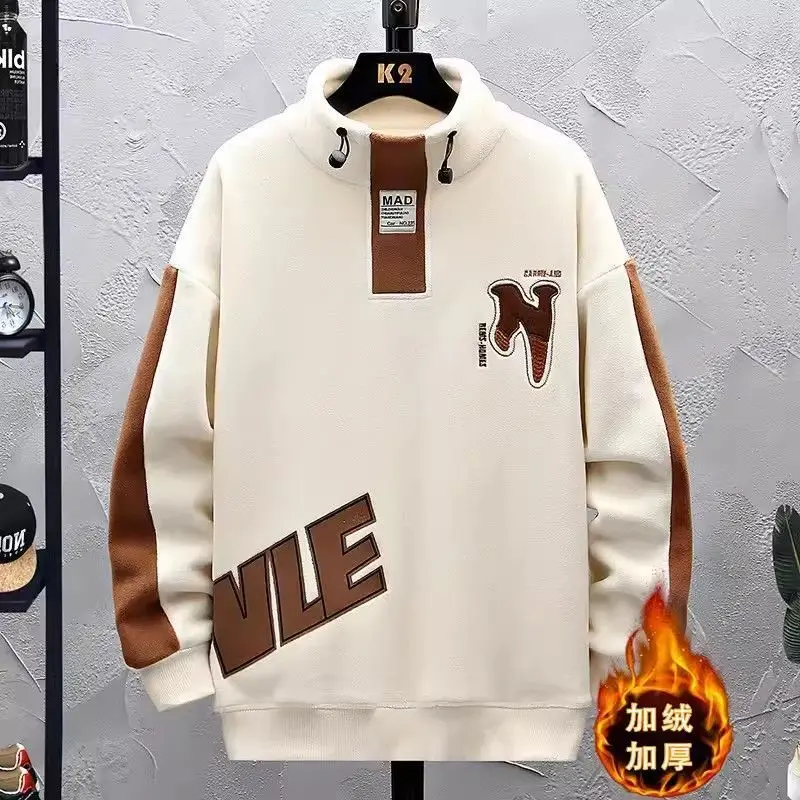 

Autumn Winter Fleece Sweatshirt Half Turtleneck Hoodie Men's Tops Thick Warm Teenagers Print Student Trend Button Long Sleeve