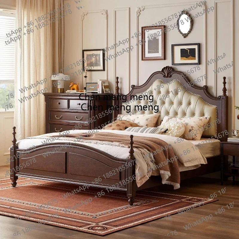 

French Retro Bed Solid Wood Genuine Leather Soft Backrest 1.8m Double Storage Master Bedroom Upholstered Wedding Bed
