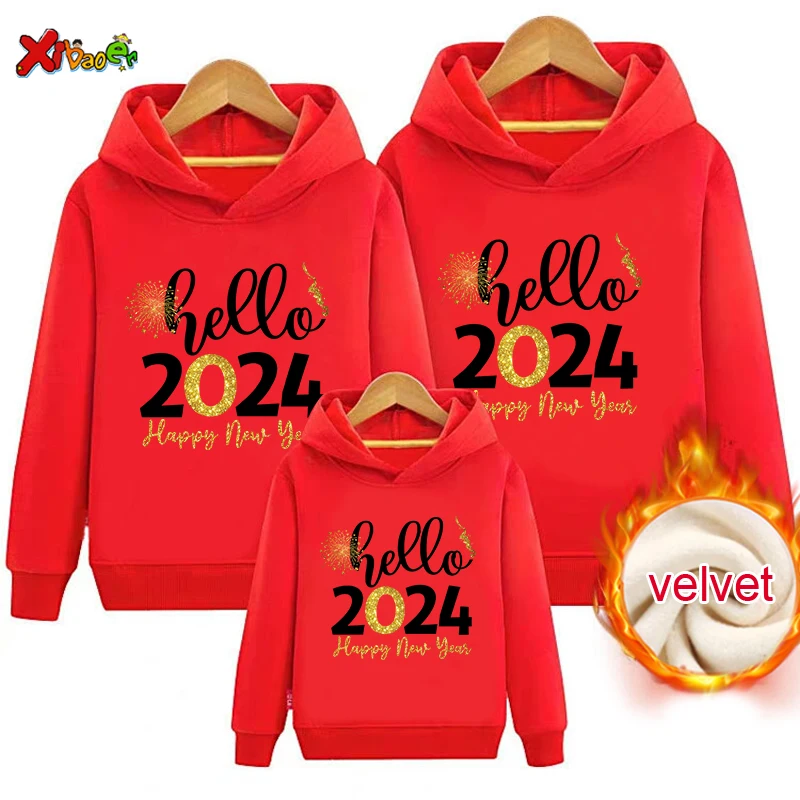 Happy New Year Family Matching Clothes Outfits Hello 2024 Hoodies Warm Sweater Children Clothing Sweatshirt Velvet Chinese Year