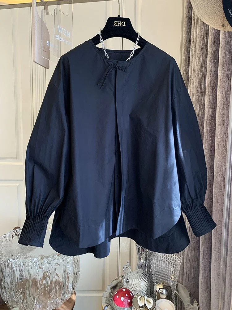 

Elegant Black Button-Up Shirt for Women Korean Style round Neck Long Sleeve Loose Fit Pure Color Commute Fashion Spring New