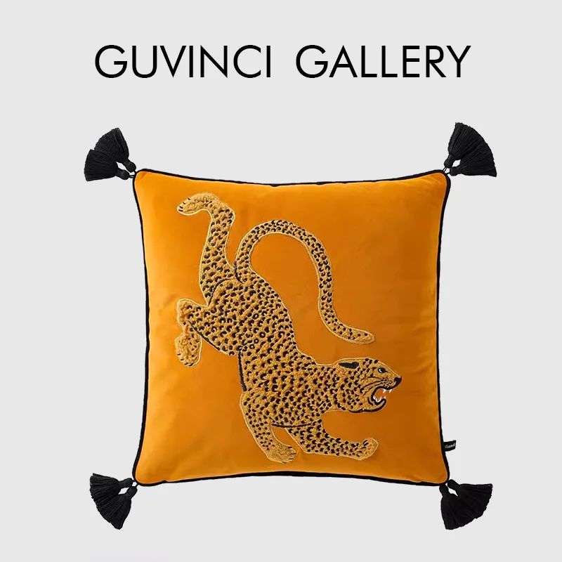 GUVINCI Boutique Panthera Leopard Appliqued Embroidery Pillow Cover Modern Upholstery Trends Luxurious Cushion Case With Tassels