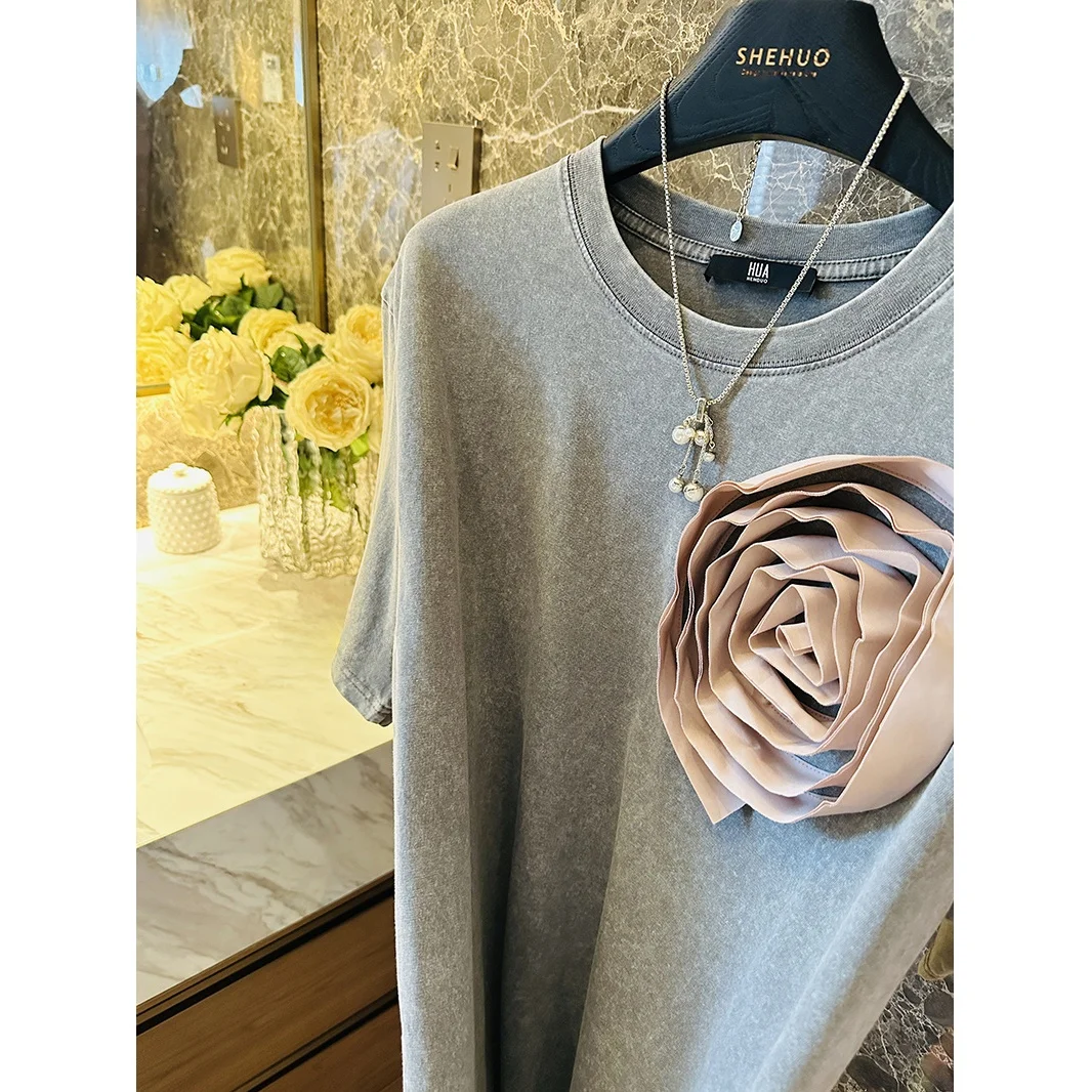 

Футболка с абстрактными розовыми цветочными акцентами, повседневная, из хлопка, летняя, модная, женская, с круглым вырезом, с коротким рукавом