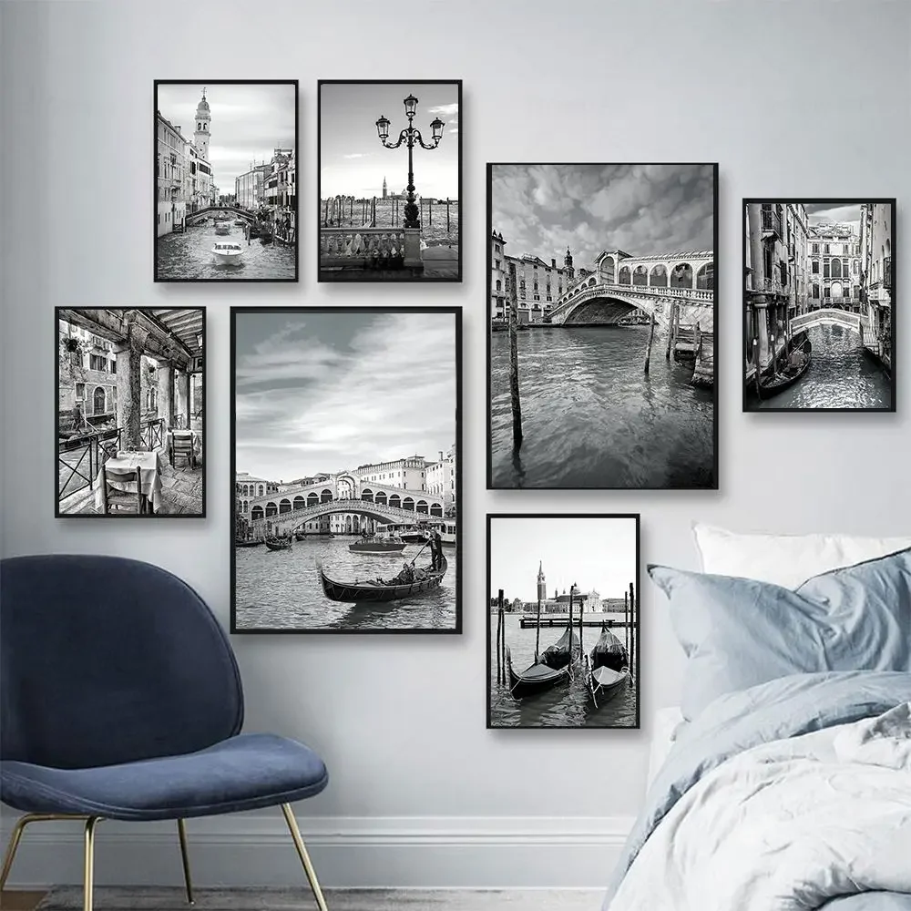 Frameless Canvas PaintingBlack White Fashion Landscape Poster Venice City Travel Photography Canvas Painting Prints Wall Picture