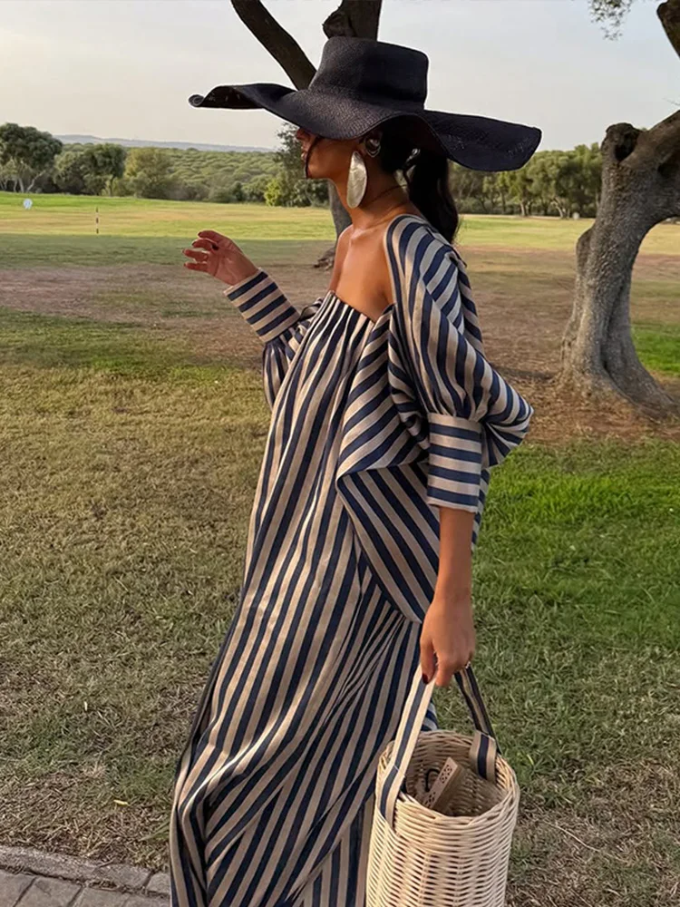 2026 Sommer Herbst Elegantes Gestreiftes Langes Kleid für Damen, Locker Geschnitten, Lange Ärmel, Off-Shoulder, Schräger Ausschnitt, Partykleid, Damenoberbekleidung, Neu