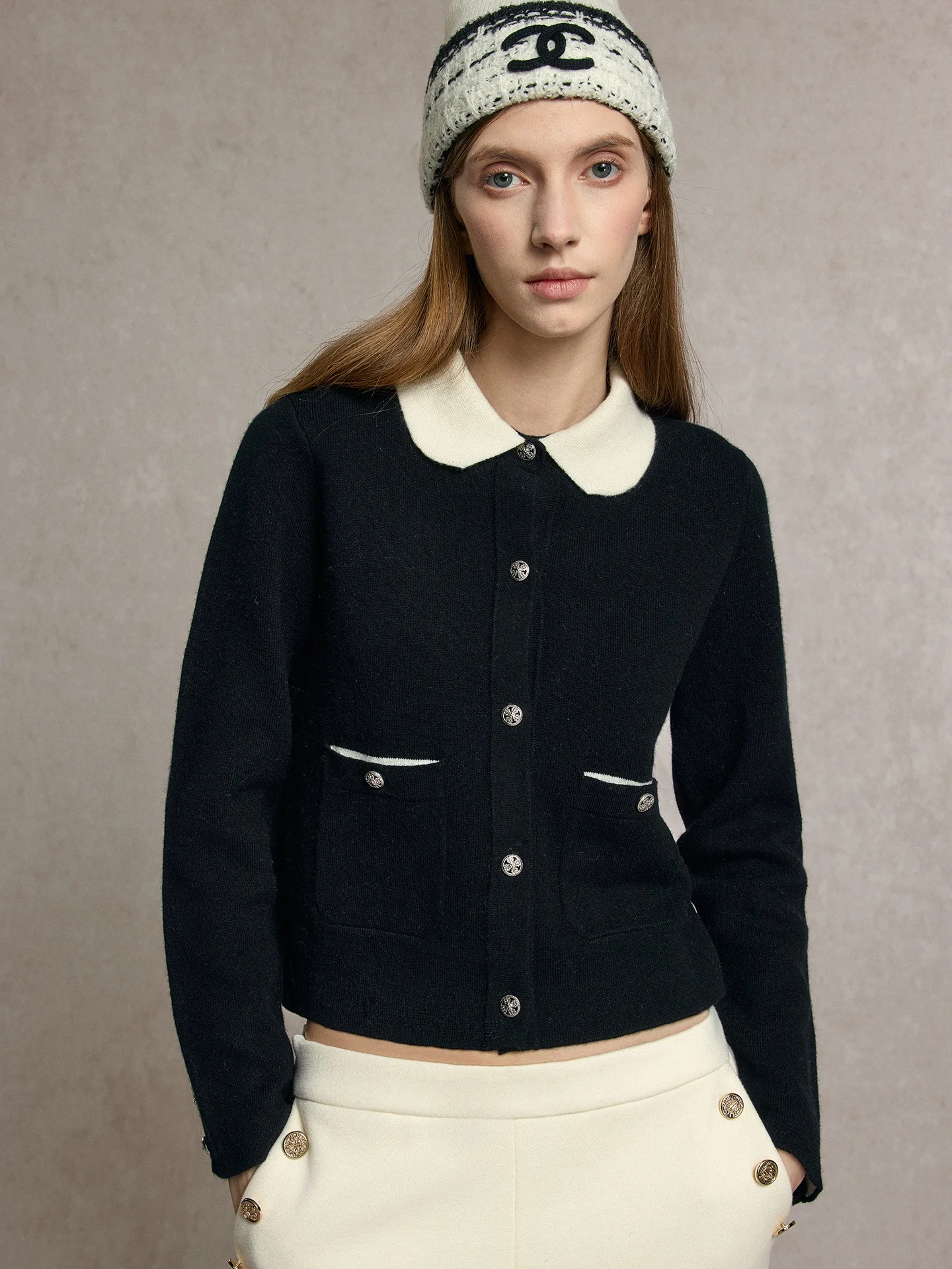 

SOV Berlin Girl High-End Camere Wool Doll Collar Knitted Open Cardigan Women's Slim Fit Casual Long Sve Button up Sweater