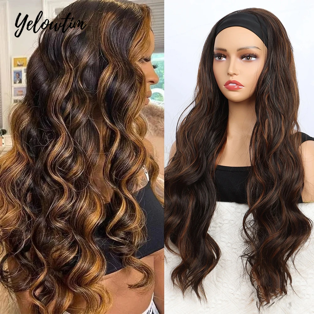 

Brown Highlight Headband Wigs For Black Women 26" Body Wavy Wig With Headband Attached Natural Looking Synthetic Hair Wig