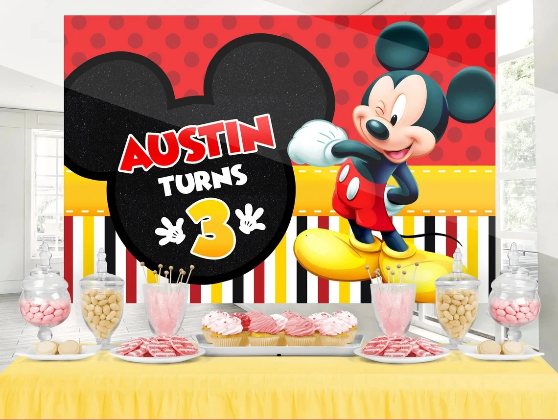 Red Yellow Mickey Mouse Backdrop Banner for Kids Child Birthday Party Decoration Supplies Customize Name Baby Shower Background