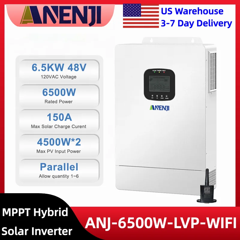 

Гибридный солнечный инвертор ANENJI 6.5 кВт 120В 48В с чистой синусоидой, встроенный контроллер заряда MPPT 150А, подходит для аккумуляторов LiFePO4