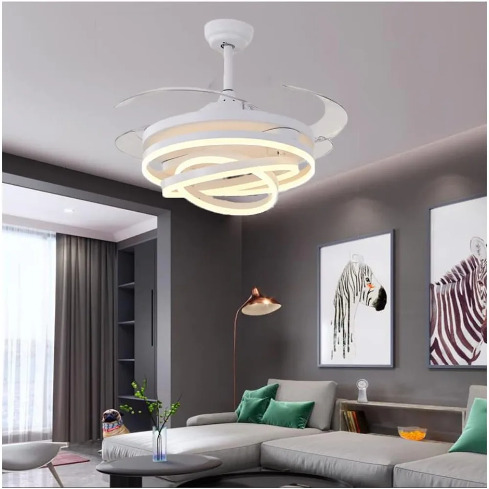 42 Inch Retractable Ceiling Fans with Lights and Remote, White Invisible Timing Ceiling Fan 3-Color Smart led Ceiling Fan Light