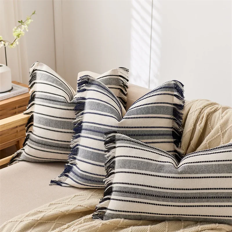 2-Piece Stripe Yarn Dyed Jacquard Cushion Cover Wabi Sabi Pillow Case Linen Cotton Blend with Tassel Fringe Modern Home Decor