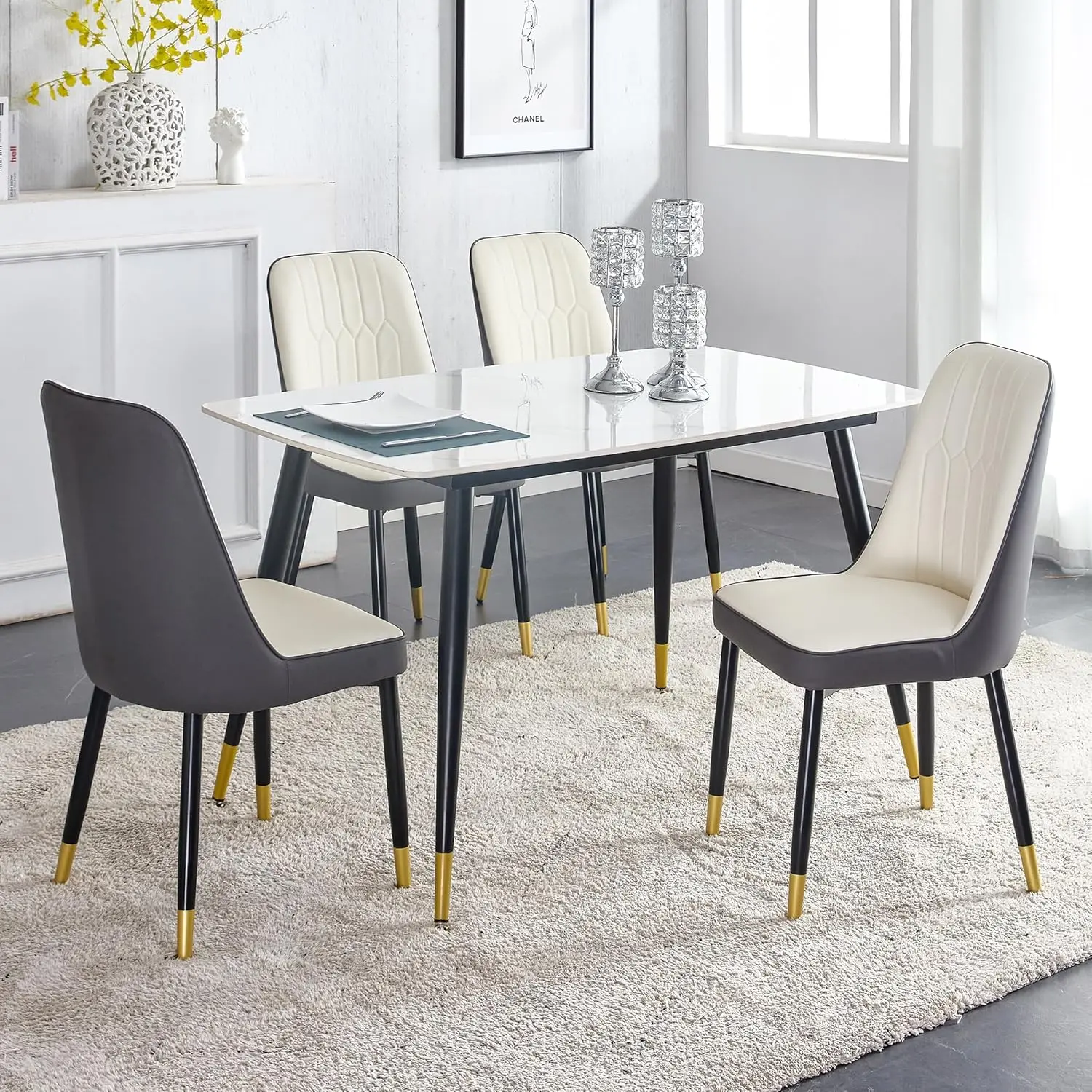 

Table and Chairs Set of 4, Dining Room Table Set for 4, Sintered Stone Kitchen Table Top and Modern Chairs Set of 4 for Kitchen