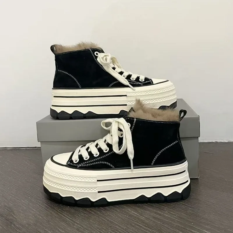 Winter pluche hoge laarzen voor dames konijnenbont hoge canvas schoenen voor dames Muffin Bottom verhoging dames boardschoenen