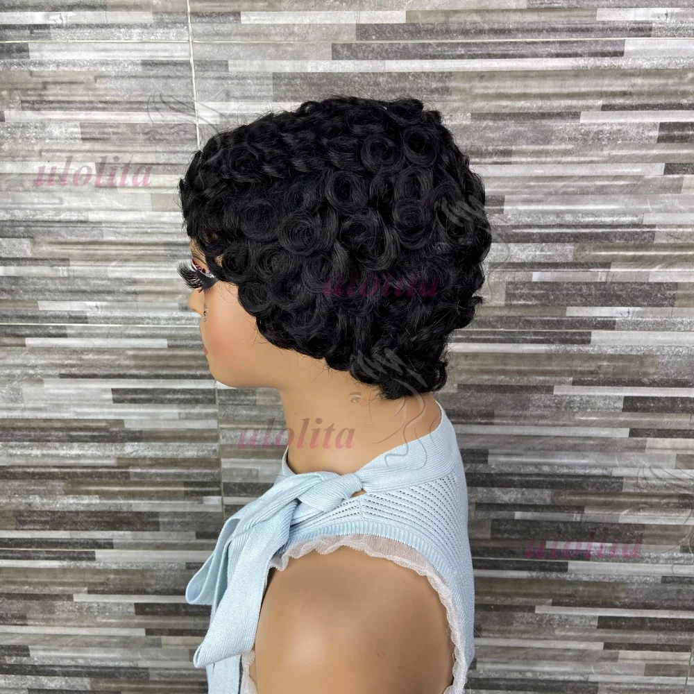 Lockige Pixie-Cut-Perücken, kurze Echthaarperücke für schwarze Frauen, natürliche schwarze gewellte Bob-Perücke, kleberlose Perücke, Remy-Haar, vollständig maschinell gefertigte Perücke – Detail 4