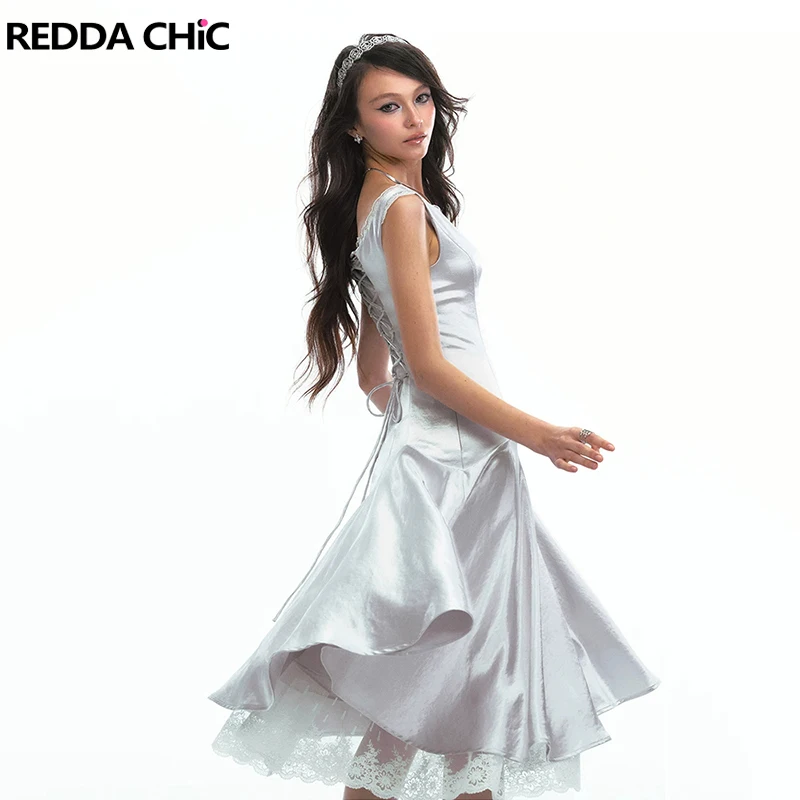 REDDACHiC Women Sleeveless Satin Party Dress Bridesmaid Slim Lace Trim Boat Neck Irregular Tank Long Party Gown Birthday Costume