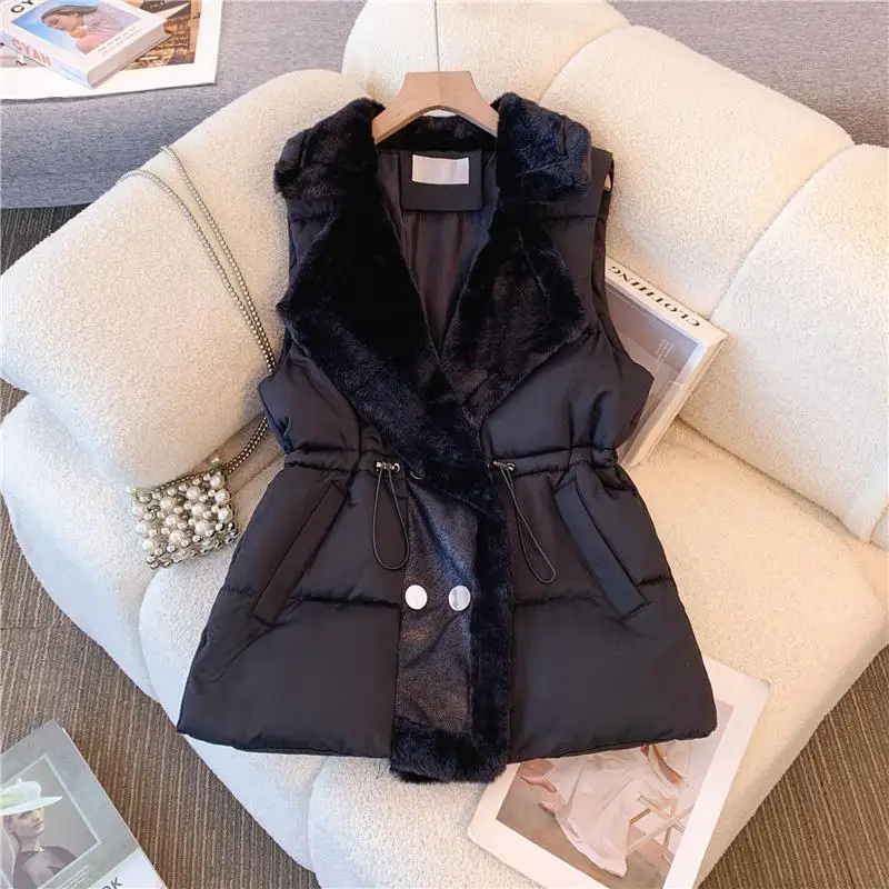 Woman Vest Jacket Winter New Model Waistcoat Double-breasted Fur Collar Waist-cinching Shearling Cotton Vest Trend New 2026