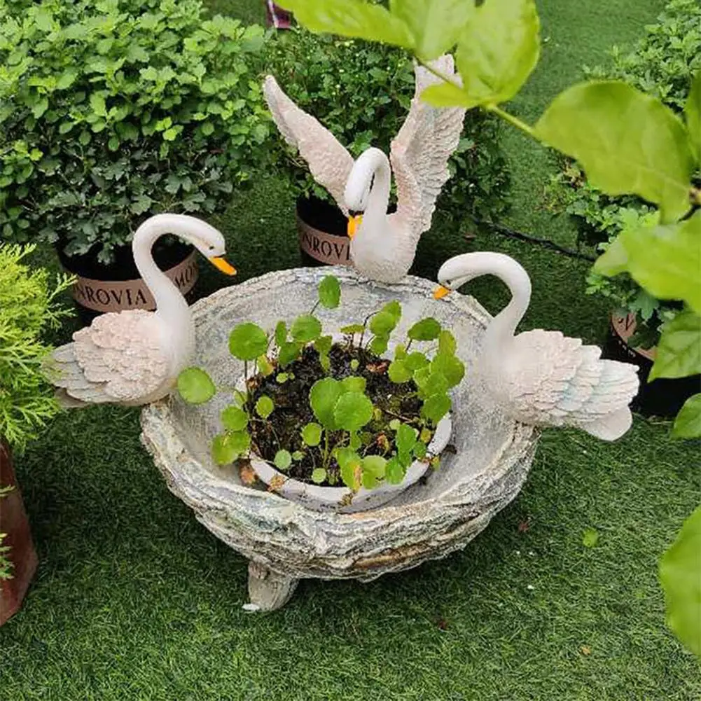 Resin 3 Swans Parterre Flower Pot Garden Statue Landscape Courtyard Garden Swans Sculpture Farm Yard Decorations Display Statue