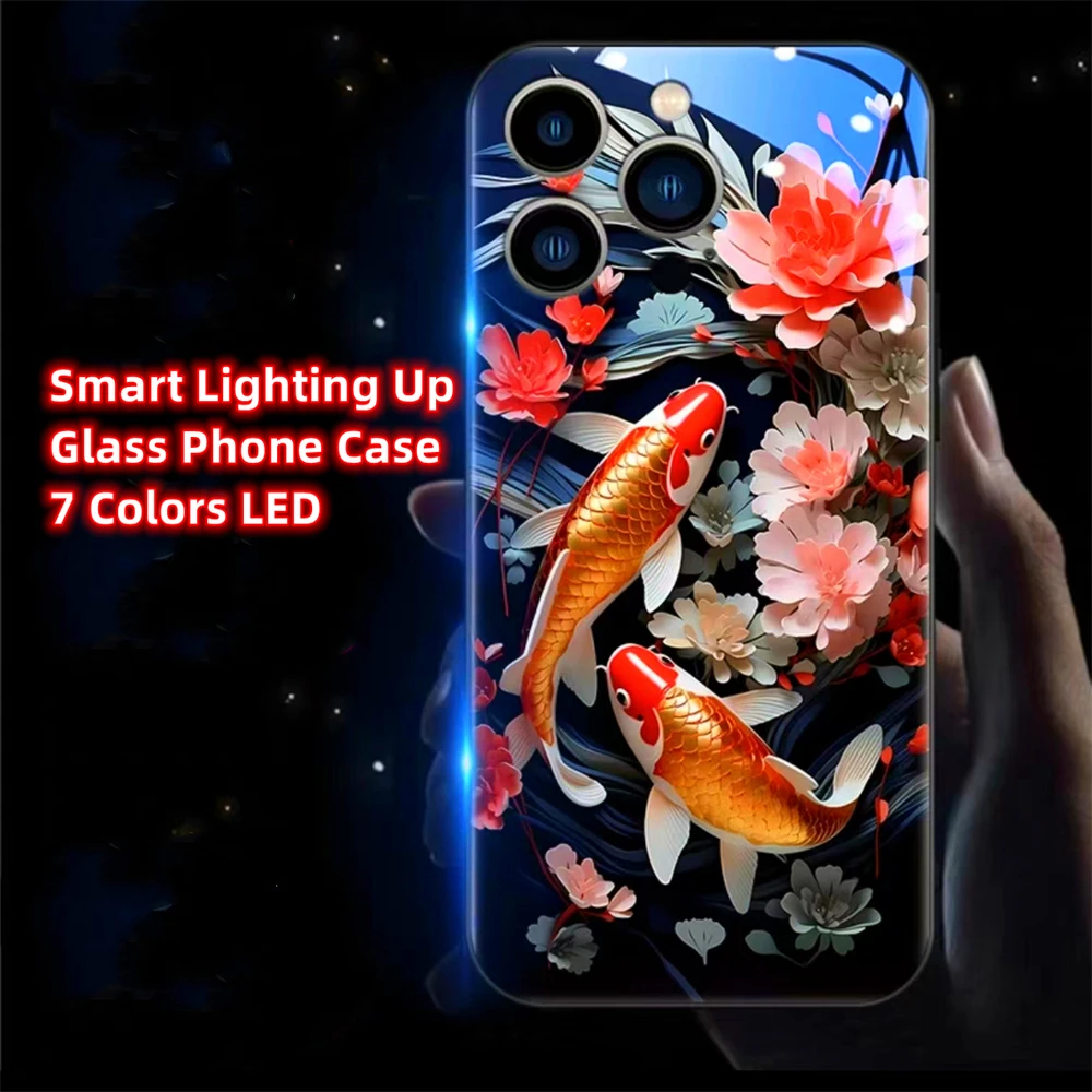 Double Carp Red Lotus Design Smart LED Light Glow Tempered Glass Phone Case For iPhone Air 17 16 15 14 13 12 11 Pro Max Plus